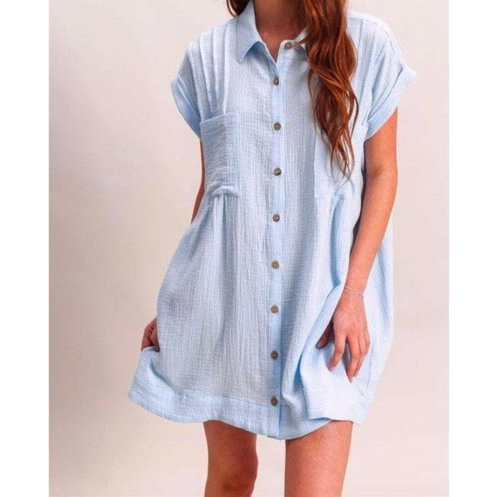 ODDY Women’s Blue Short Sleeve Button Down Dress Sz M NEW